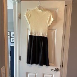 Amazon Cream and Black Fit and Flare Dress Mock Neck Short Sleeve